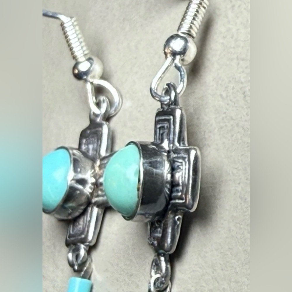 Vtg 925 Sterling Silver Southwestern Turquoise Feather Dangle Earrings by G&S - Picture 4 of 7
